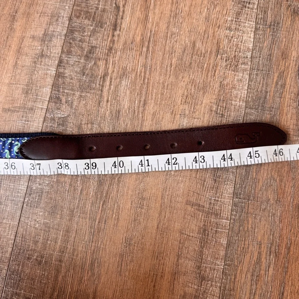 Vineyard Vines Mens 42 Seahorse Silk Canvas Leather Club Belt Navy Blue Preppy